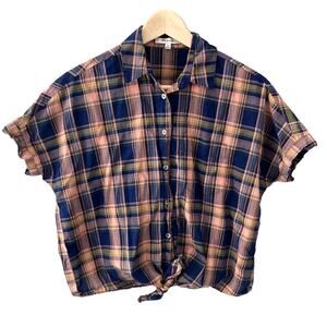 Madewell Short Sleeve Tie Front Shirt - Plaid - Peach Blue - XXS